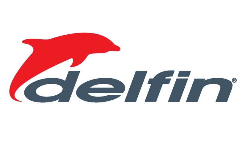Logo von Delfin: ein stilisierter Delfin in Rot über dem Schriftzug "delfin" in dunkler Schrift.