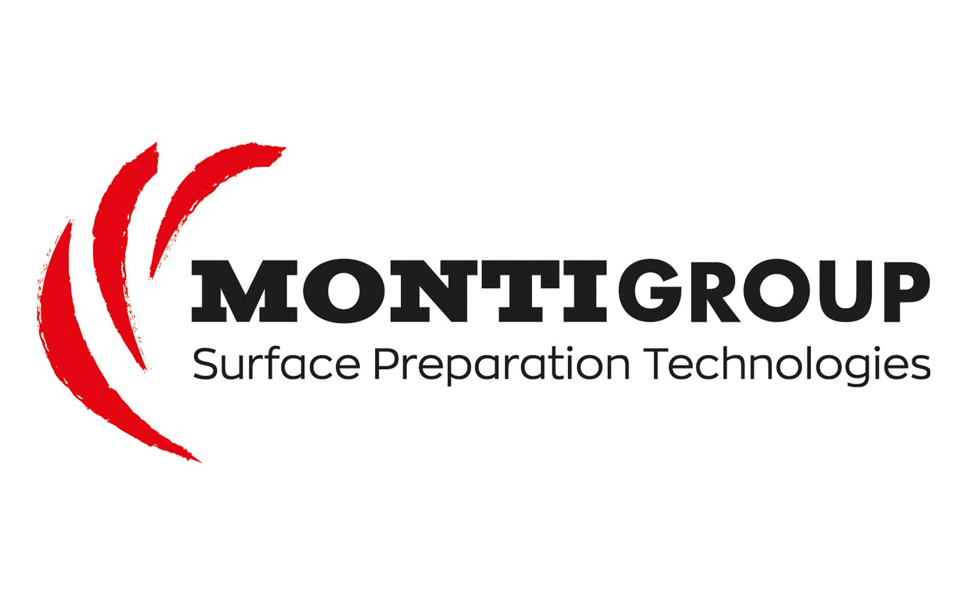 Logo der MontiGroup, das den Firmennamen „MONTIGROUP“ in großer, kursiver Schrift zeigt. Darunter steht „Surface Preparation Technologies“ in kleinerer, vereinfachter Schrift. Das Logo enthält grafische Elemente in Rot, die den Eindruck von Bewegung oder Dynamik vermitteln.