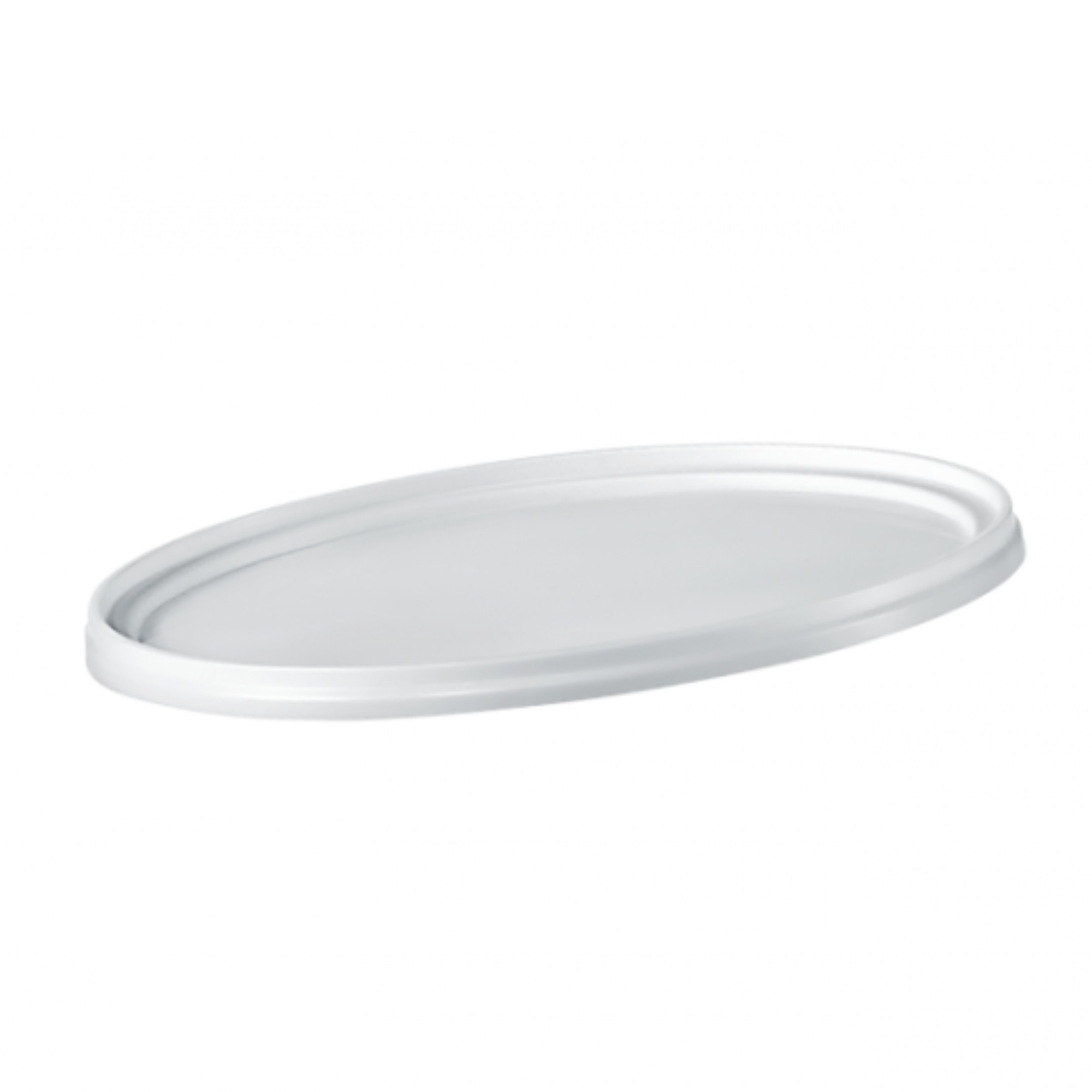 Ein ovaler, flacher, weißer Deckel ohne Sichtbaren Griff. Der Deckel hat einen geschwungenen Rand und eine glatte Oberfläche. Ideal zum Abdecken von Behältern oder Platten.