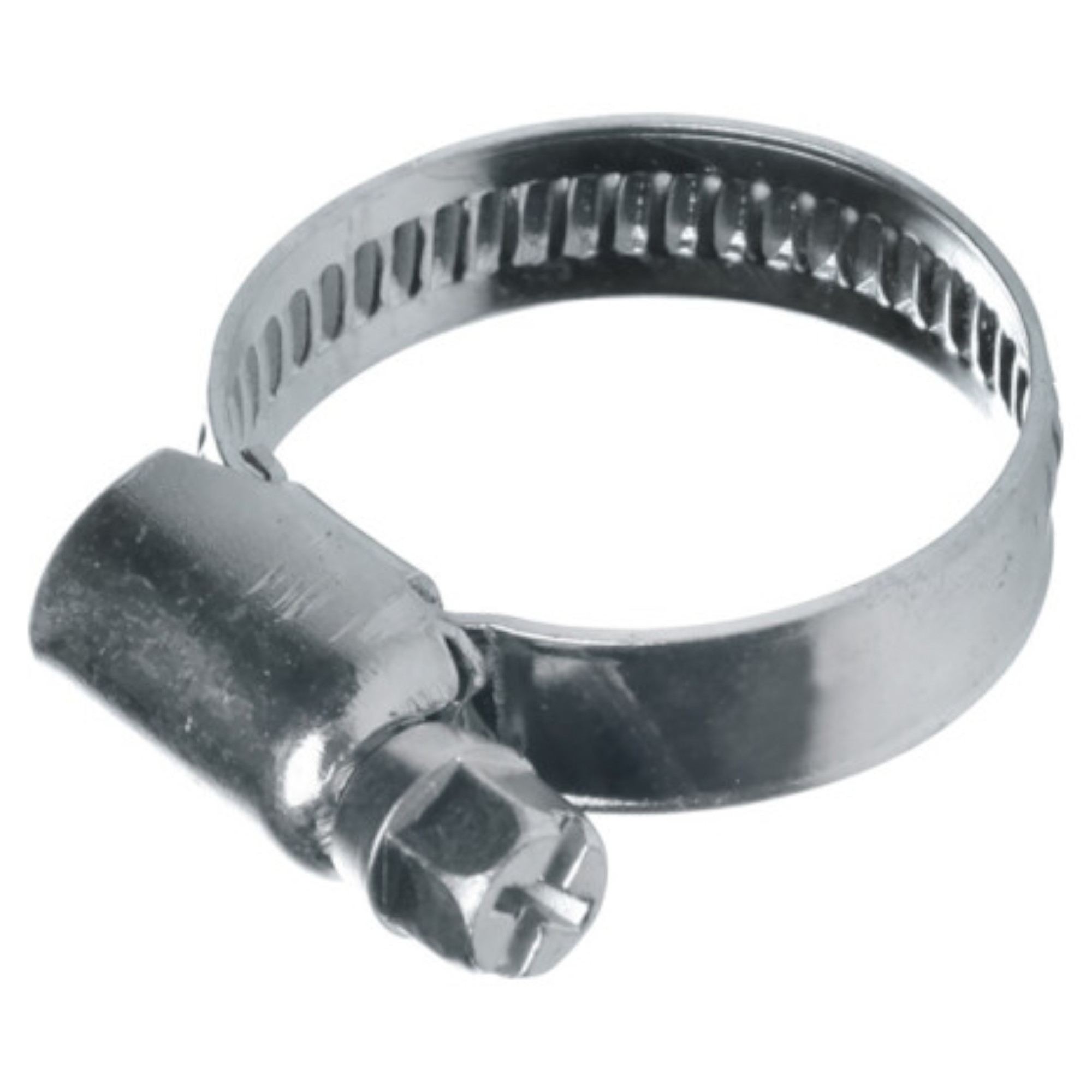 Ein metallischer Schlauchschellenhalter in silberner Farbe, der zur Befestigung von Schläuchen dient. Die Schelle hat eine verstellbare Schraube, um den Durchmesser anzupassen und eine sichere Verbindung zu gewährleisten. Sie ist rostfrei und eignet sich für verschiedene Anwendungen.