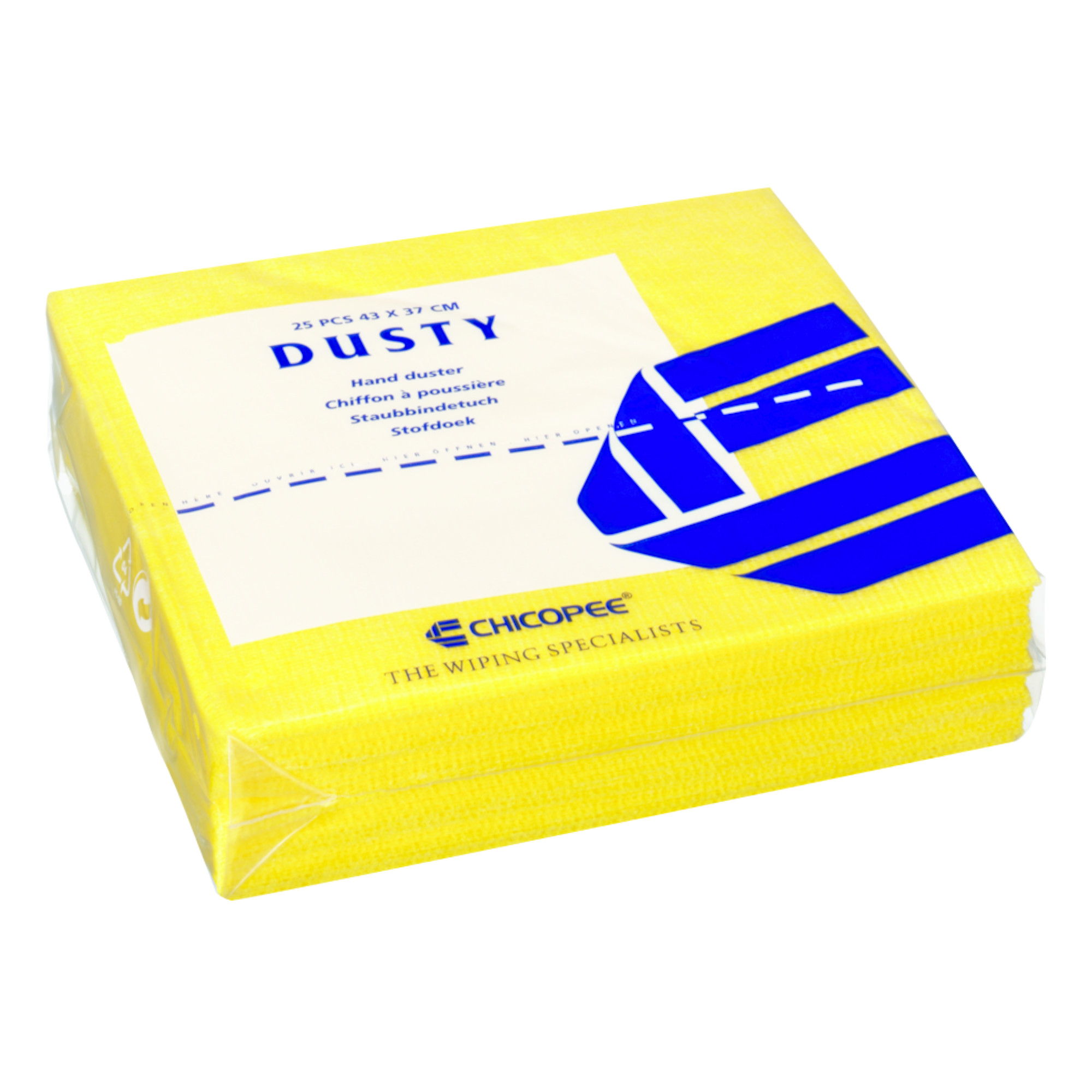 Eine Packung gelber Staubtücher mit 25 Stück, 43 x 37 cm, von der Marke Chicopée. Auf der Verpackung steht "DUSTY", zusammen mit den Bezeichnungen in mehreren Sprachen für das Produkt.