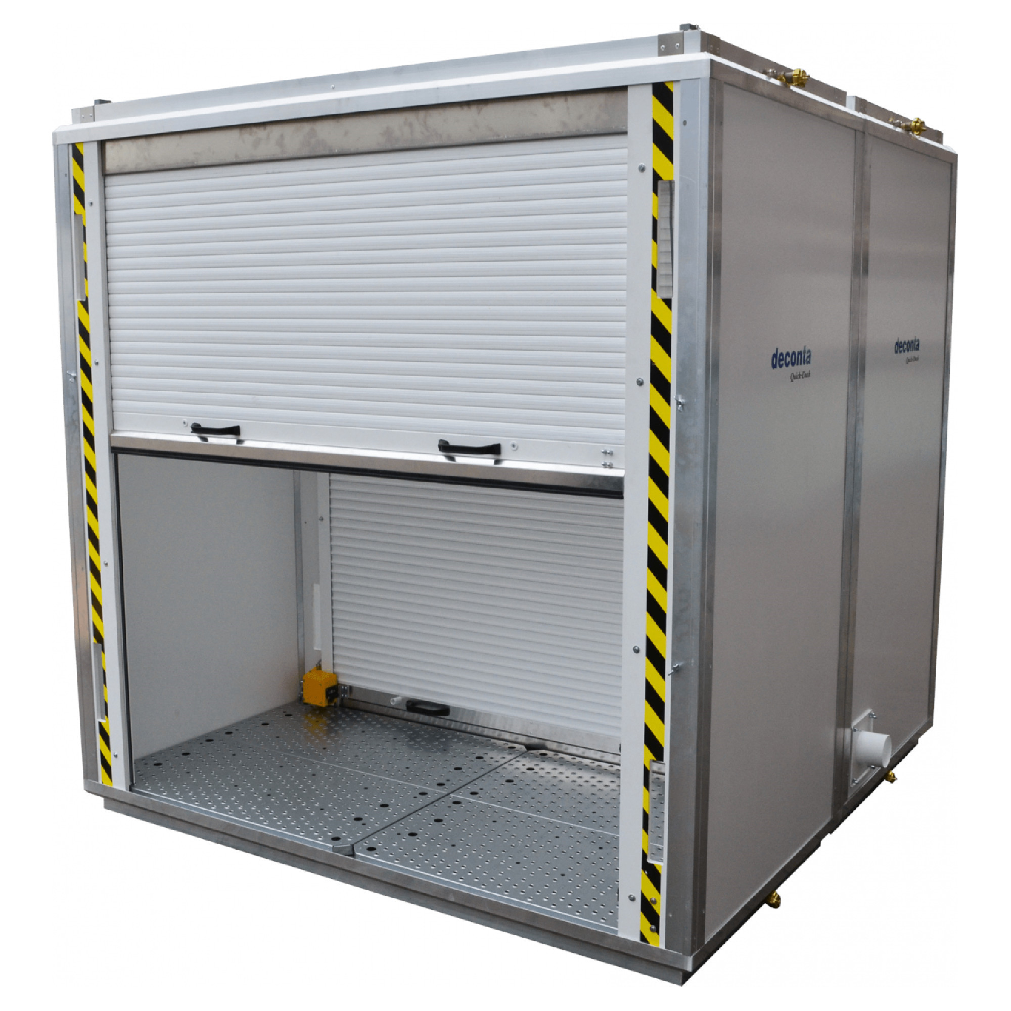 Ein abschließbarer Transportcontainer mit einer weißen Rolltür an der Vorderseite, die sich teilweise geöffnet befindet. Der Container hat gelbe und schwarze Warnstreifen an der Seite und verfügt über einen rutschfesten Boden. Ideal für den sicheren Transport von Gütern.