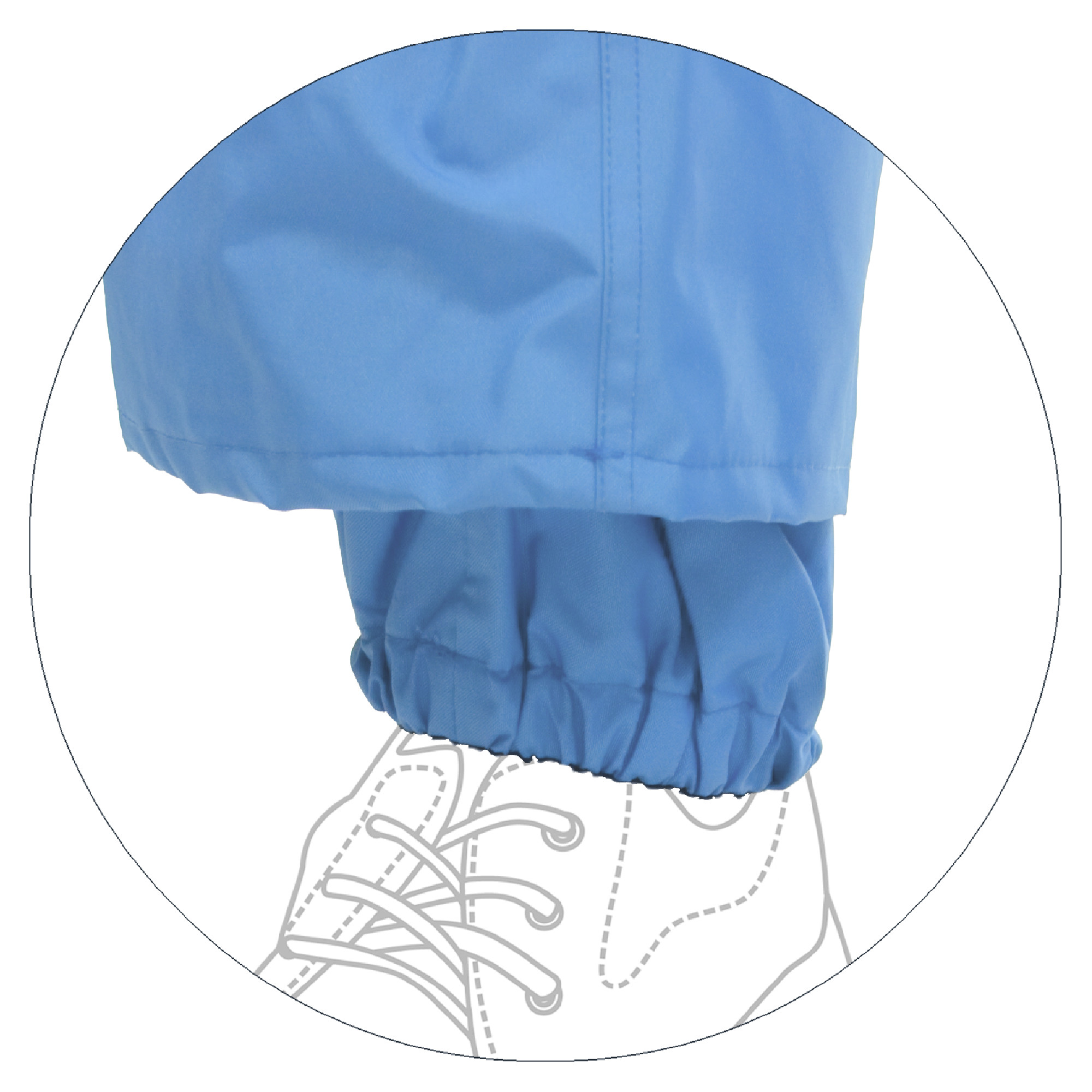 Eine blaue Regenhose ist um den Knöchel gerafft, der teilweise ein weißes, geschnürtes Schuhwerk zeigt. Die Hose ist aus wasserabweisendem Material gefertigt, um den Träger vor Nässe zu schützen.