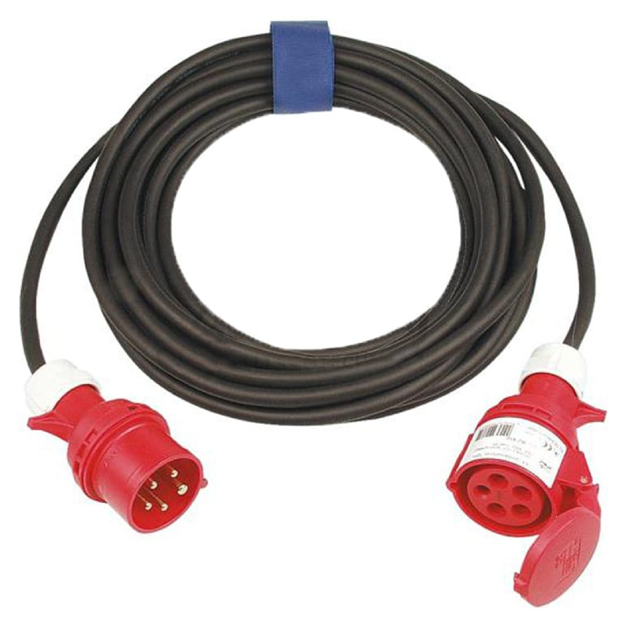 Ein schwarz ummanteltes Kabel mit roten Steckdosen an beiden Enden. Jede Steckdose hat mehrere Kontakte für eine sichere Verbindung. Das Kabel ist aufgerollt und wird für elektrische Anschlüsse verwendet. Es ist ideal für den Einsatz im Außenbereich oder bei Veranstaltungen.