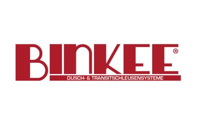 Das Bild zeigt das Logo der Firma Binkee. Der Markenname "Binkee" ist groß und rot geschrieben, darunter steht in kleinerer Schrift "DUSCH- & TRANSITSCHLEUSENSYSTEME".
