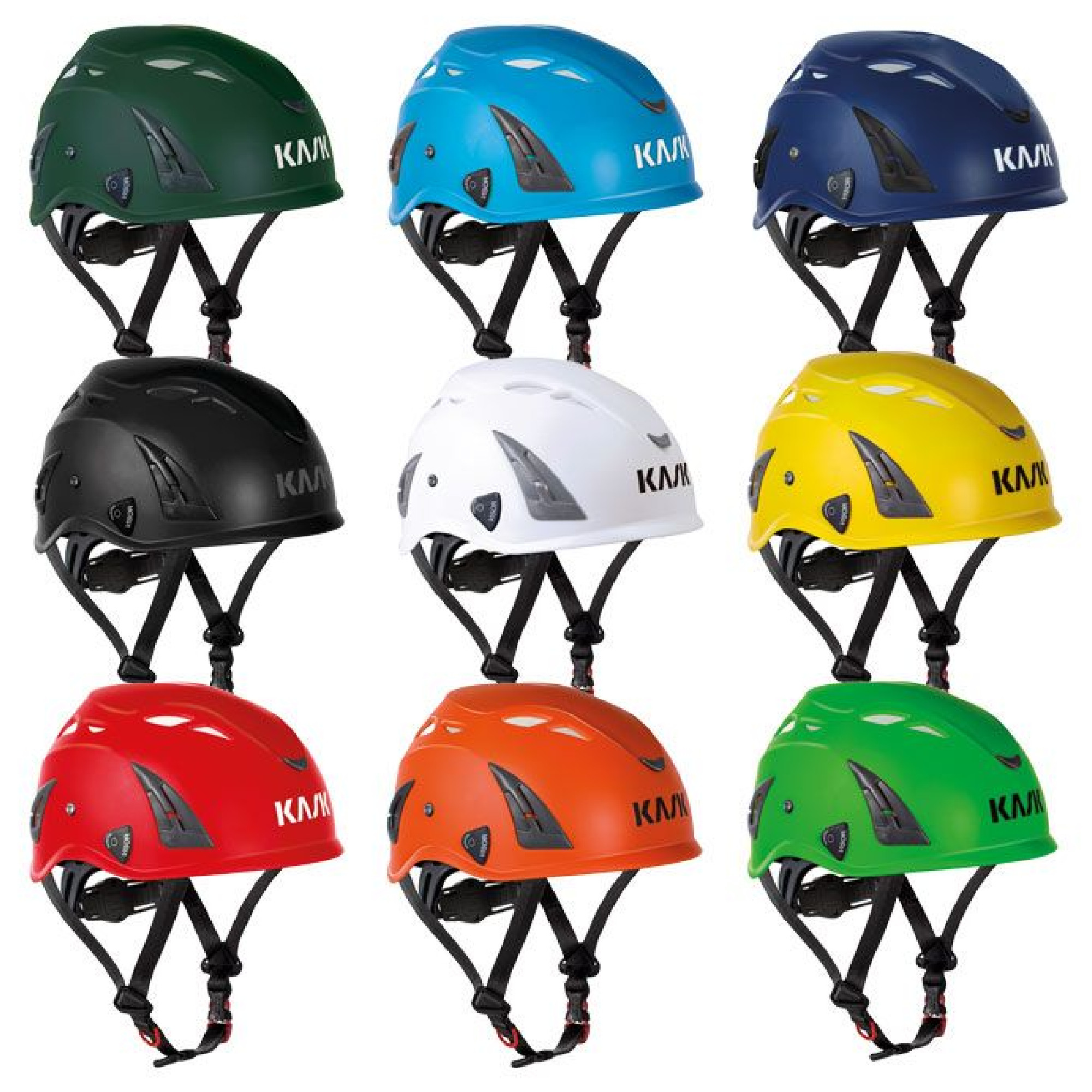 Das Bild zeigt insgesamt zehn Kletterhelme in verschiedenen Farben: Grün, Blau, Schwarz, Weiß, Dunkelblau, Gelb, Rot, Orange und Grün. Jeder Helm hat ein modernes Design und ist mit einem verstellbaren Kinnriemen ausgestattet.